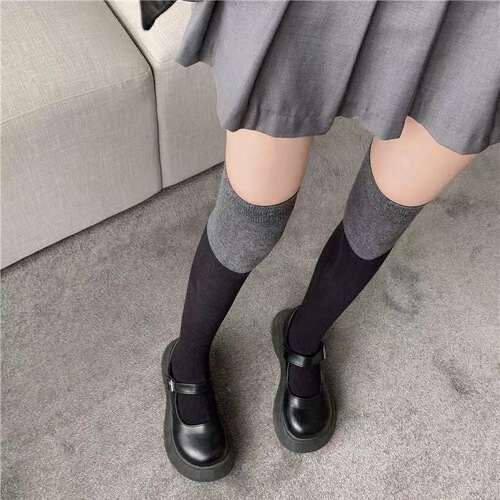 Calf socks for women, spring and autumn mid-calf black and gray spliced ​​half-leg black calf socks with color matching long-tube over-the-knee high socks