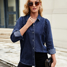 欧美跨境外贸女装春夏新款亚马逊独立站水洗耸肩牛仔长袖衬衫上衣
