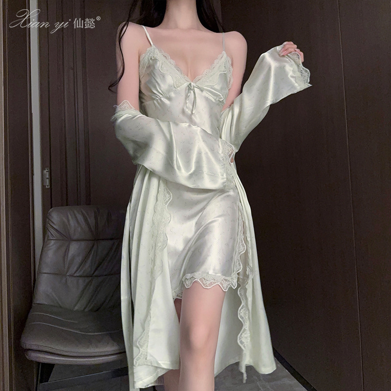 Xianyi Sexy Lingerie High-End Floral Pure Desire Camisole Nightdress with Chest Pads Long-Sleeve Lace Pajama Set 663