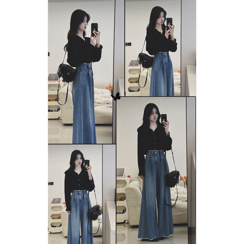 春季穿搭一整套女2025新款休闲复古高级感衬衫阔腿牛仔裤子两件套|undefined