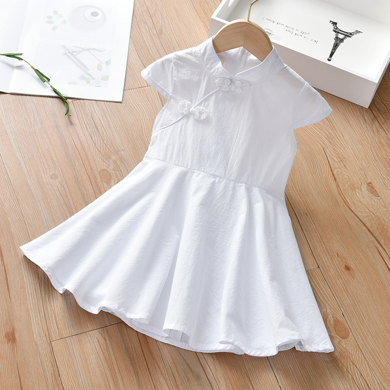 Girls Dress Summer 2025 New Chinese Style Button Short Sleeve Ancient Costume White Skirt Children's Fashionable Swing Skirt
