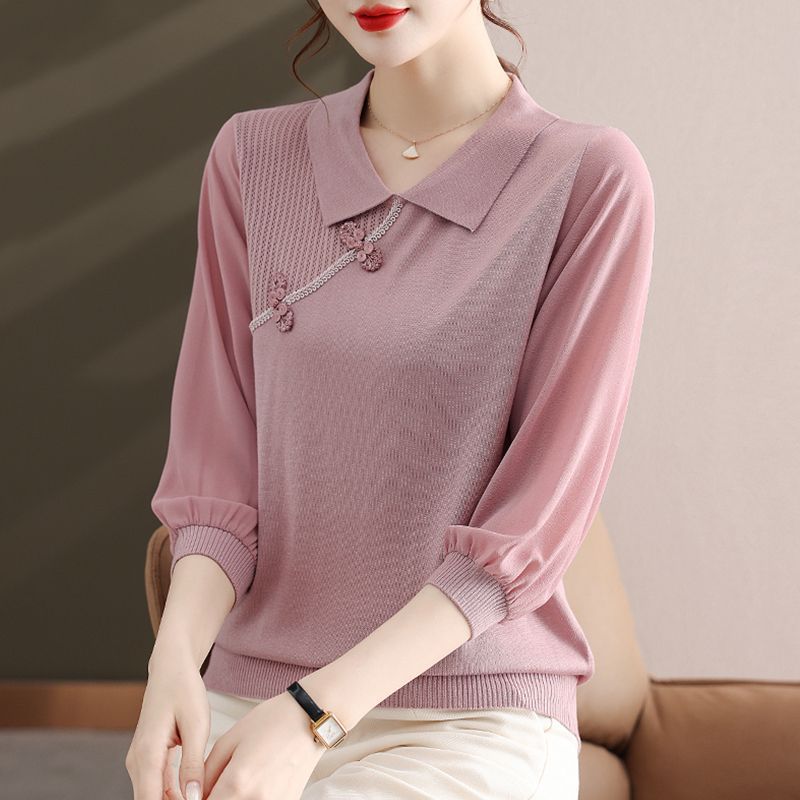 纱袖上衣女年轻妈妈春装2023新款薄款宽松翻领七分袖冰丝针织衫