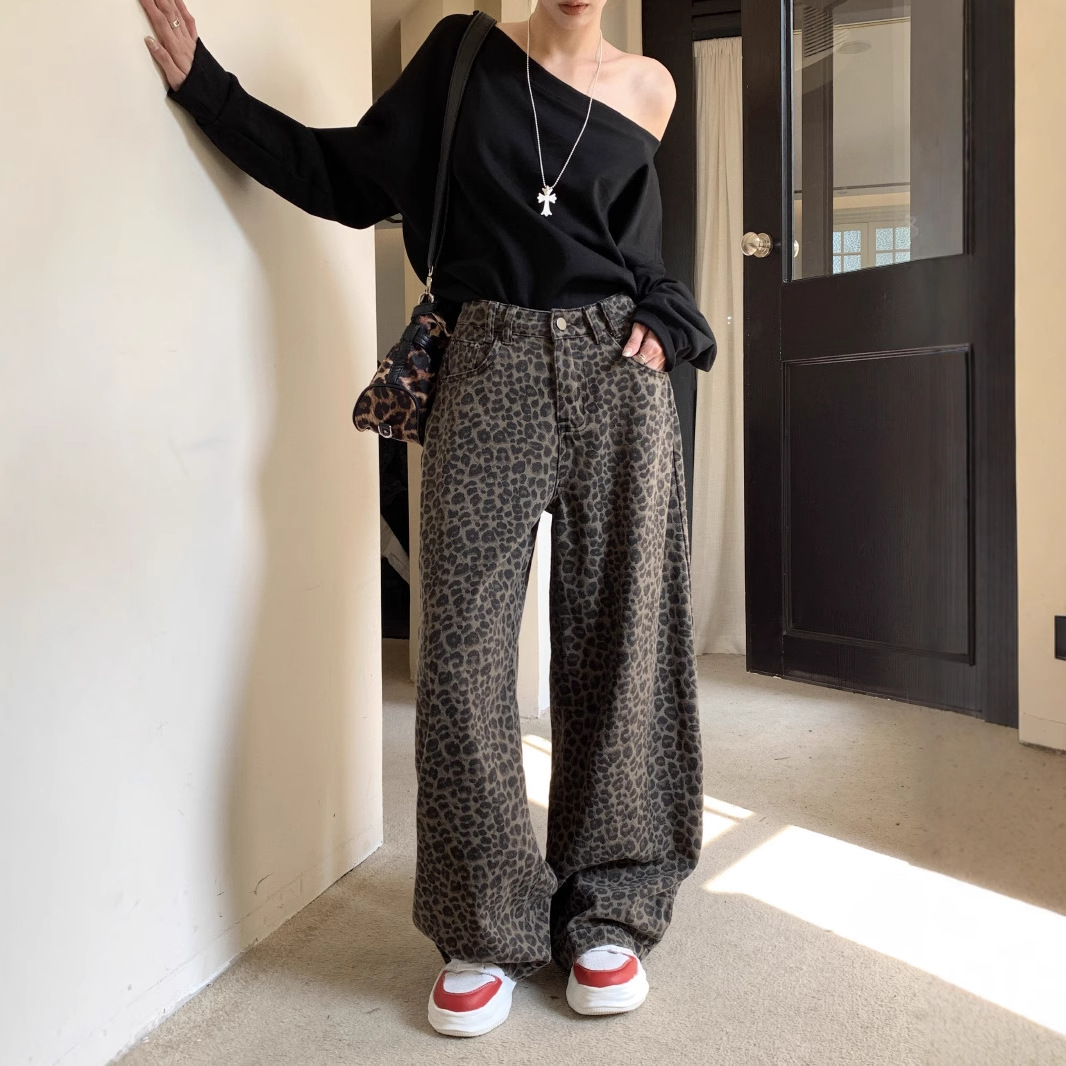 American retro leopard print high-waist jeans for women in autumn and winter new loose and versatile floor trousers casual wide-leg pants