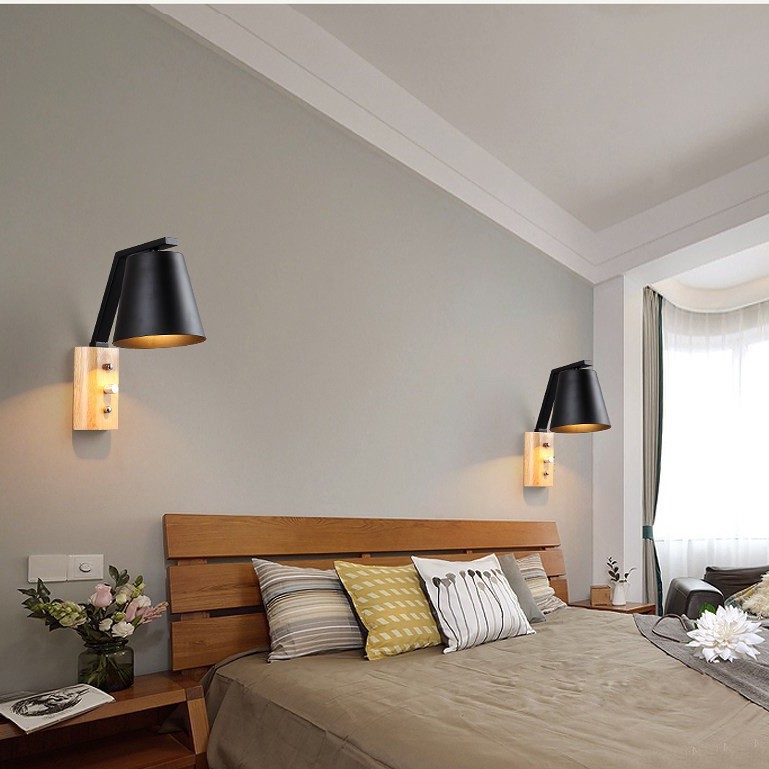 Nórdico negro lámpara de pared dormitorio simple moderna personalidad creativa atenuación con interruptor de lectura lámpara de pared de estudio