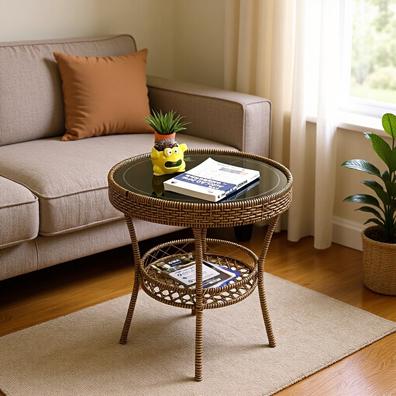 Rattan Coffee Table + Tempered Glass Round Simple Small Round Table, Large Square Table, Rattan Leisure Chair Set