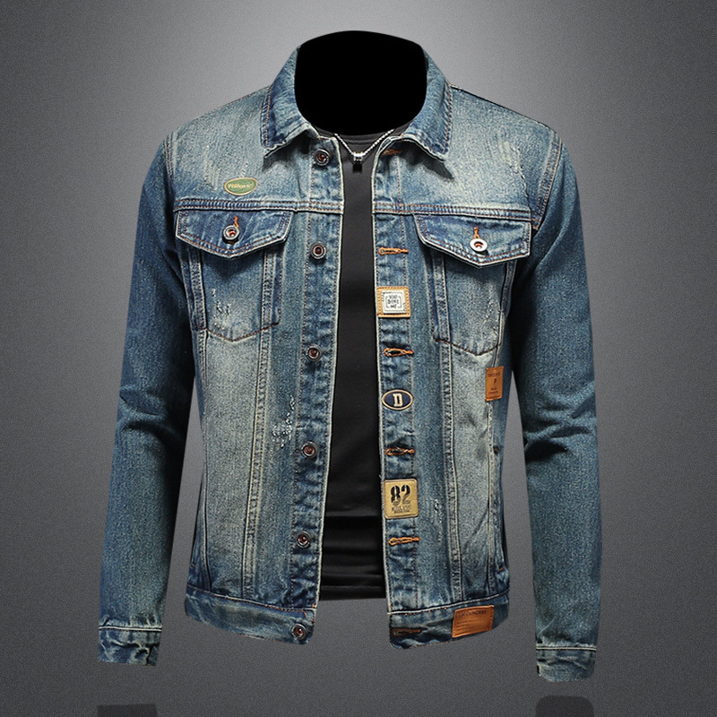 Denim Frühling und Herbst neue europäische Herren Revers Slim Fit gewaschen Denim Trend Jacke 8530_voghion.com