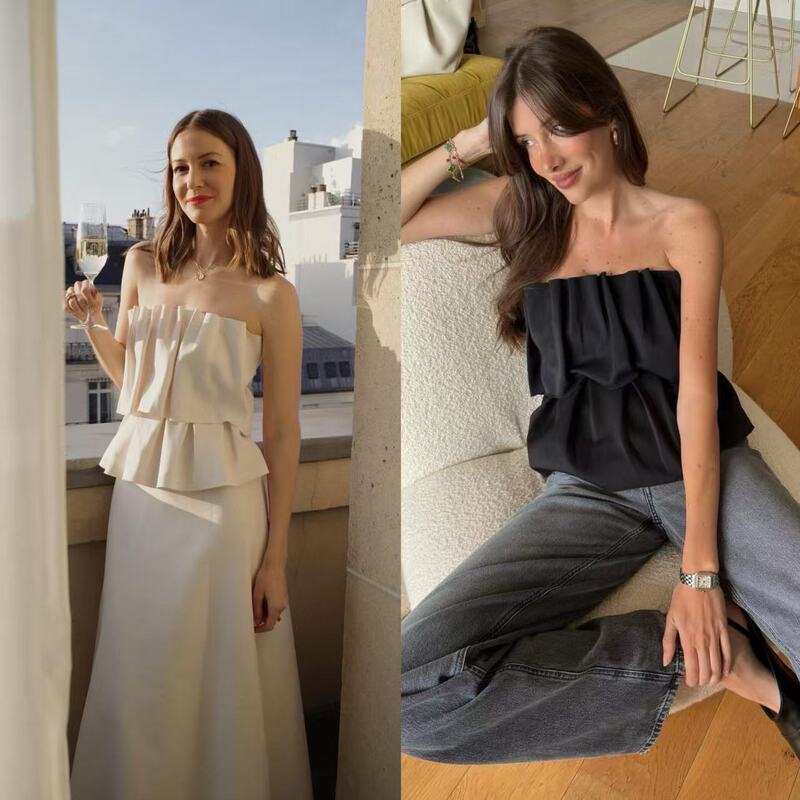 26 Early Spring New Style Formal but Not Overly Formal Dress Blouse Da Four-Way Stretch Silk Roman Knit Pleated Tube Top