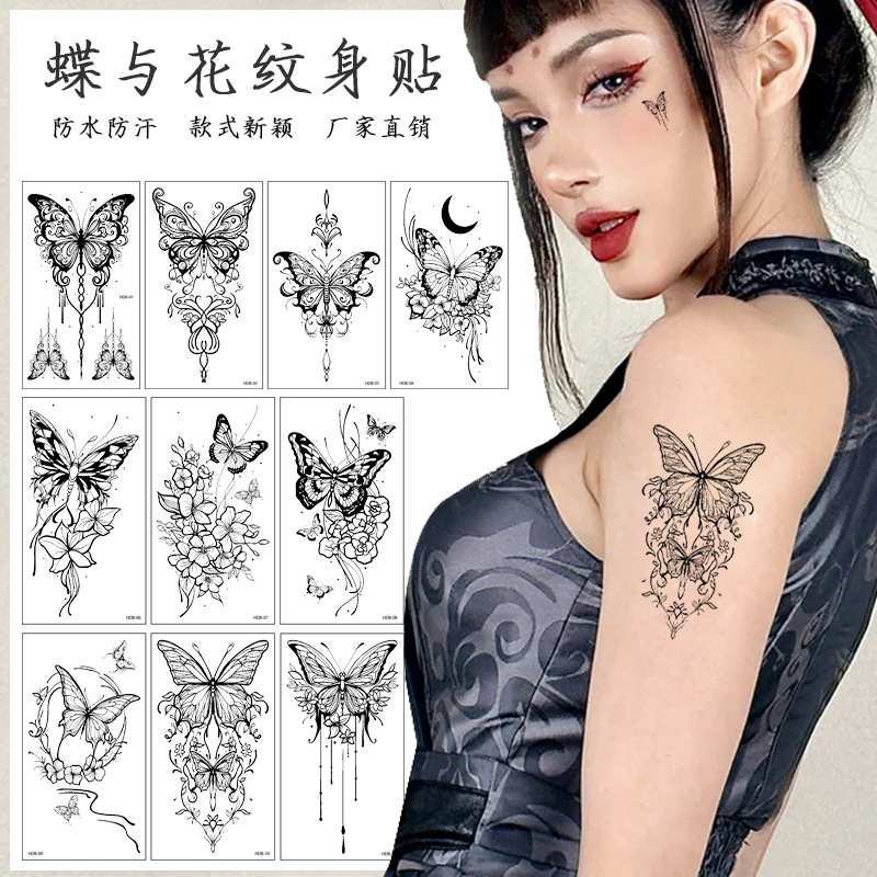 Cross-border New Black Butterfly Tattoo Sticker High-end Sense Ins Sexy Women's Temporary Collarbone Arm Tattoo Sticker