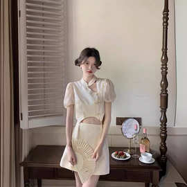 法式衬衫女夏新中式气质泡泡袖短款上衣高级感改良旗袍套装连衣裙