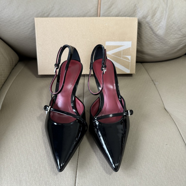 Spain 2025 summer new sexy hollow women's shoes black patent leather…