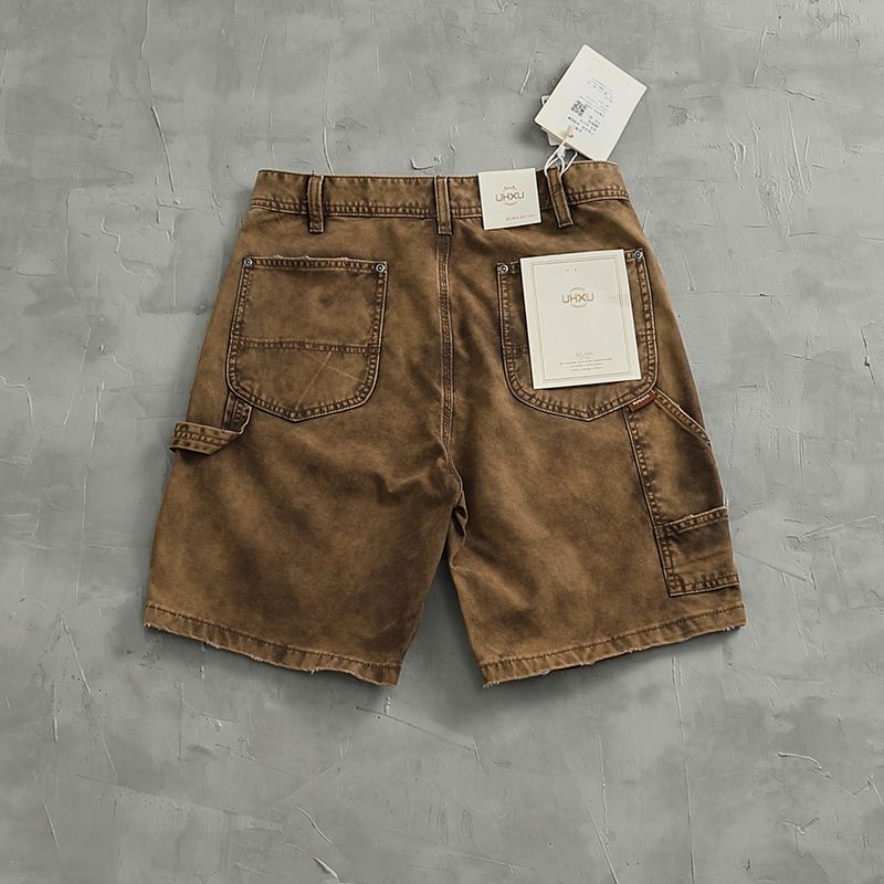 American retro logging work shorts, men's trendy mud yellow heavy-duty distressed washed loose straight leg five-point shorts