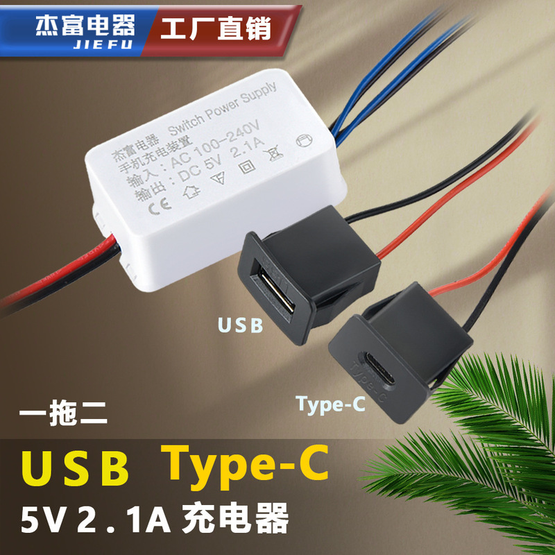 5V2.1A Charger Embedded USB Dual-Port USB Charging Head Type-C Power Supply Multi-Functional for Mobile Phones