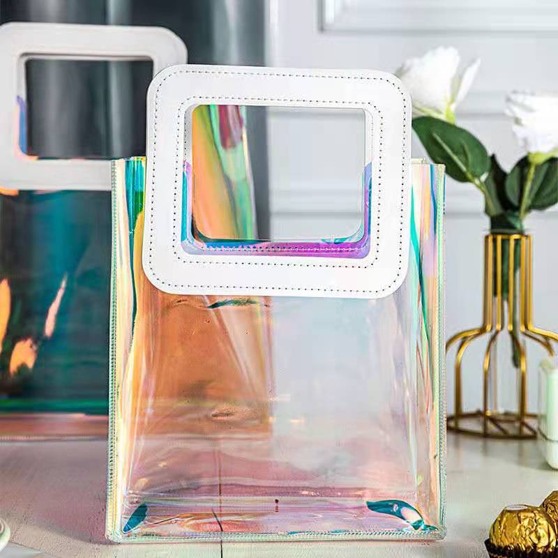 现货pvc镭射袋logo透明幻彩手提袋礼品袋购物袋子塑料手提袋包装