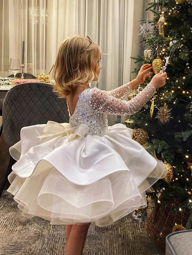 Comercio exterior europeo y americano transfronterizo vestido de novia para niños niñas de manga larga encaje lentejuelas rendimiento anfitrión cumpleaños mullido falda