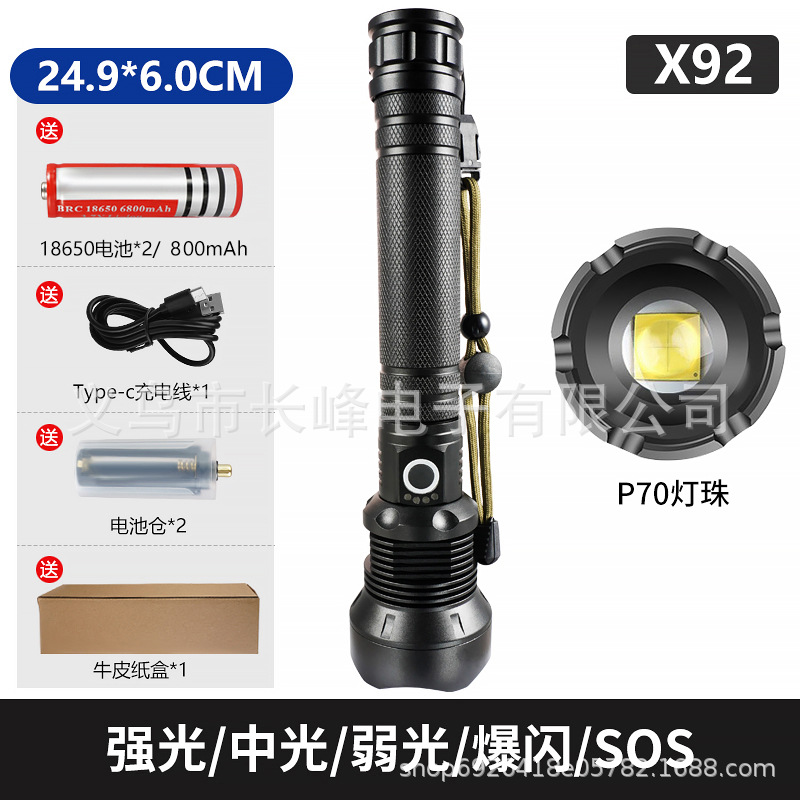 Linterna de luz fuerte transfronteriza P90, linterna recargable con zoom telescópico de aleación de aluminio, iluminación de largo alcance al aire libre, luz de pesca nocturna