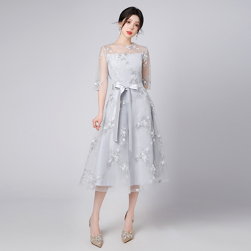 Vestido de noche de encaje 2026, nuevo diseño floral, longitud media, malla, cuello redondo, AliExpress, sitio independiente, vestido petite