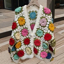 彩色立体花朵纯手工钩花镂空毛衣开衫女2024春季新款外套女慵懒风