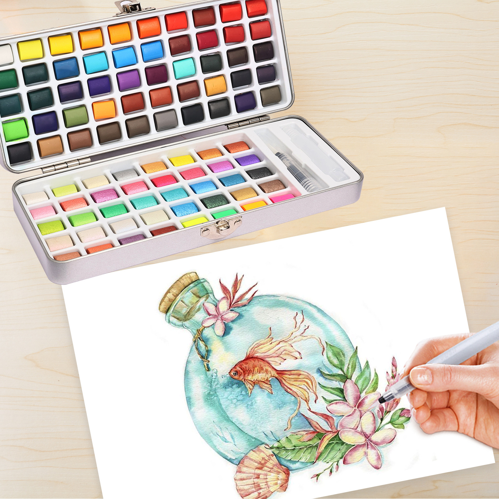 Set de Pintura de Acuarela Sólida Nacarado de 50/72 Colores en Caja de Metal para Arte y Uñas