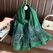 春秋新款纯色仿真丝丝巾烫钻花珍珠百搭保暖围脖披肩围巾女批发