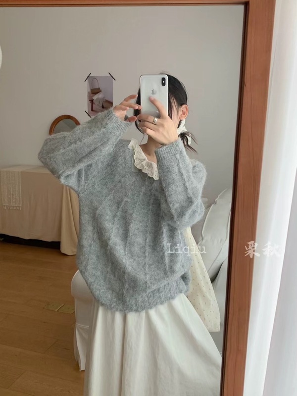 温柔风蕾丝拼接长袖针织衫女秋冬立体蝴蝶结打底毛衣软糯套头上衣|undefined