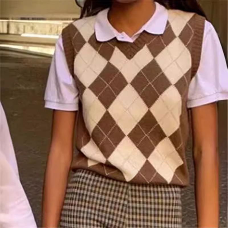 British Preppy Style Diamond Plaid Knitwear Autum Women's V Neck Contrast Color Sleeveless Vest Knitted Vest