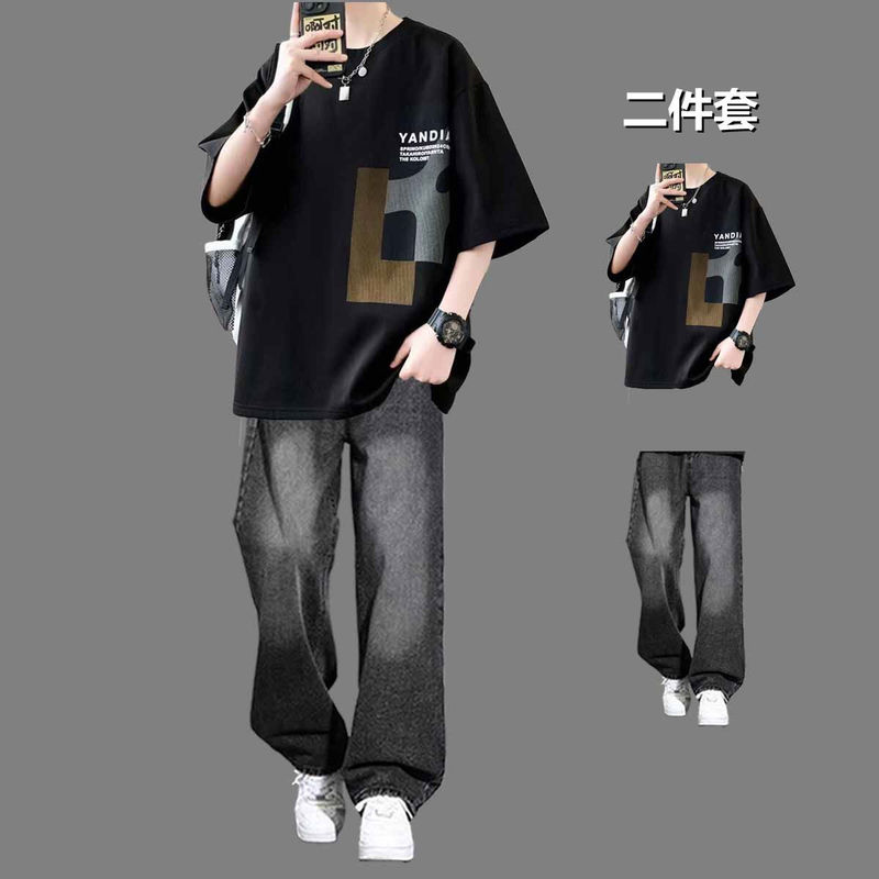 American Style Cotton Short-sleeved T-shirt suit Men's Summer Teenager Fashionable Loose T-shirt Set of Matching Jeans