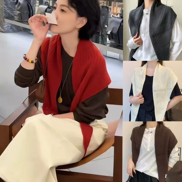 Knitted solid color triangle scarf for women, versatile and elegant for autumn and winter, can be worn as a shawl, air conditioning shirt, neck protector, warm neck scarf, or vest