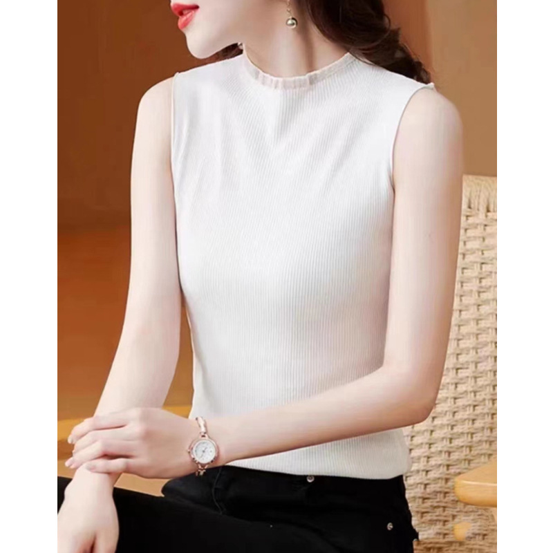 Solid Color Knitted Vest, Ice Silk New Style Inner Wear, Women's Summer Top, Stylish Half-High Collar, Sleeveless Outer Wear Solid Color Knitted Vest, Ice Silk New Style Inner Wear, Women's Summer Top, Stylish Half-High Collar, Sleeveless Outer Wear