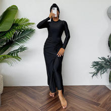 欧美保守泳衣女黑色长袖长裤高领设计沙滩度假显瘦温泉游泳衣