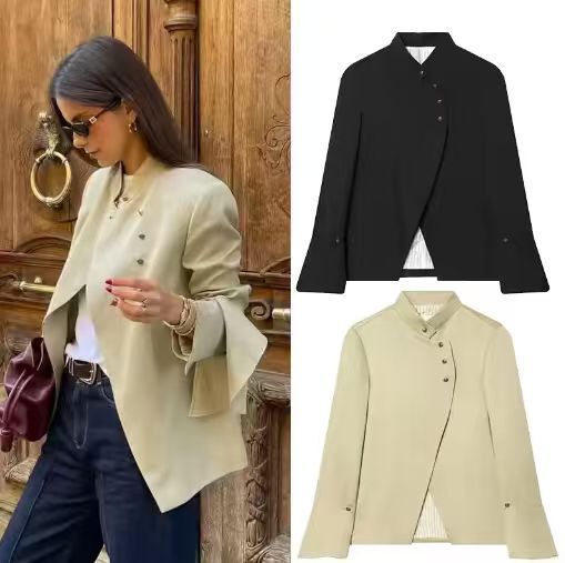 Cross-Border European and American Foreign Trade Women's Clothing Za Aliexpress New Style Half-High Collar Casual Fashion Long-Sleeved Buttoned Jacket Cross-Border European and American Foreign Trade Women's Clothing Za Aliexpress New Style Half-High Collar Casual Fashion Long-Sleeved Buttoned Jacket