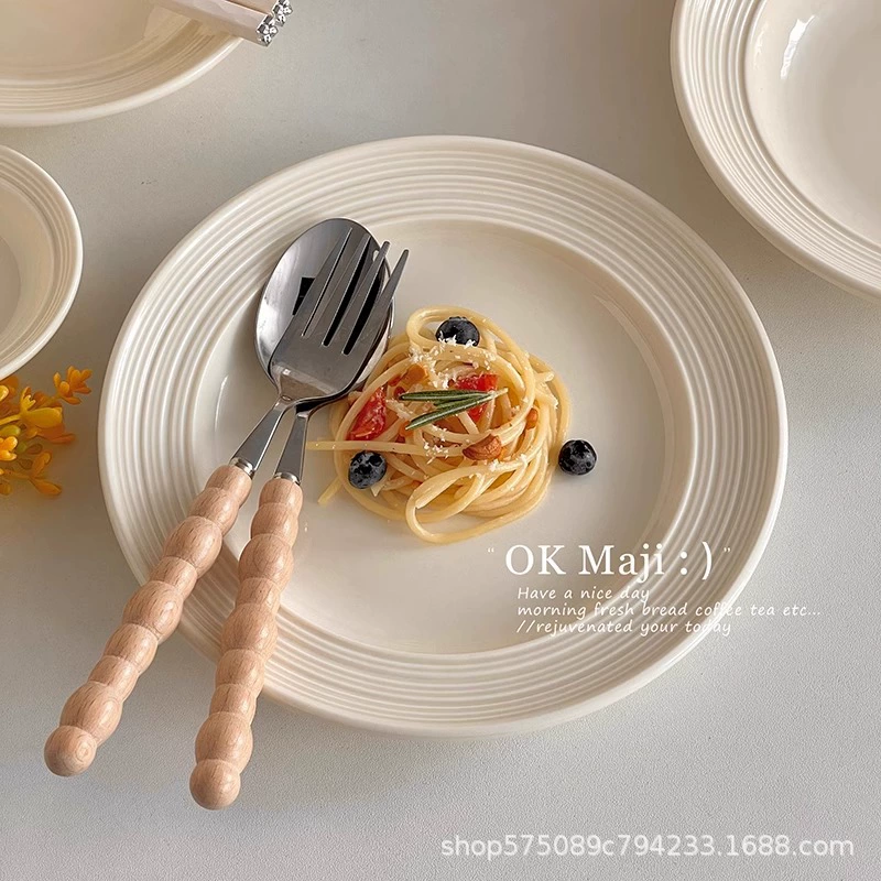 Ceramic tableware plates and bowls, ins‑style ribbed design, light luxury, multiple sizes