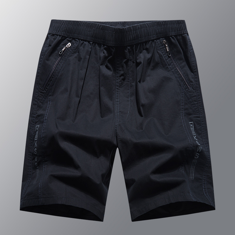 Cross-border 100% Cotton Solid Color Zipper Pocket Shorts Middle-aged and Elderly Men Loose Washed Casual Shorts 2152#