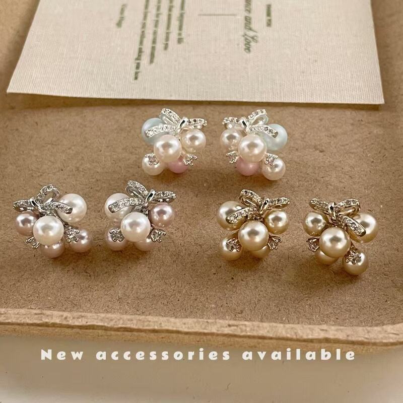 Sweet and Stylish Matte Colorful Pearl Bowknot Earrings with Zircon for Women