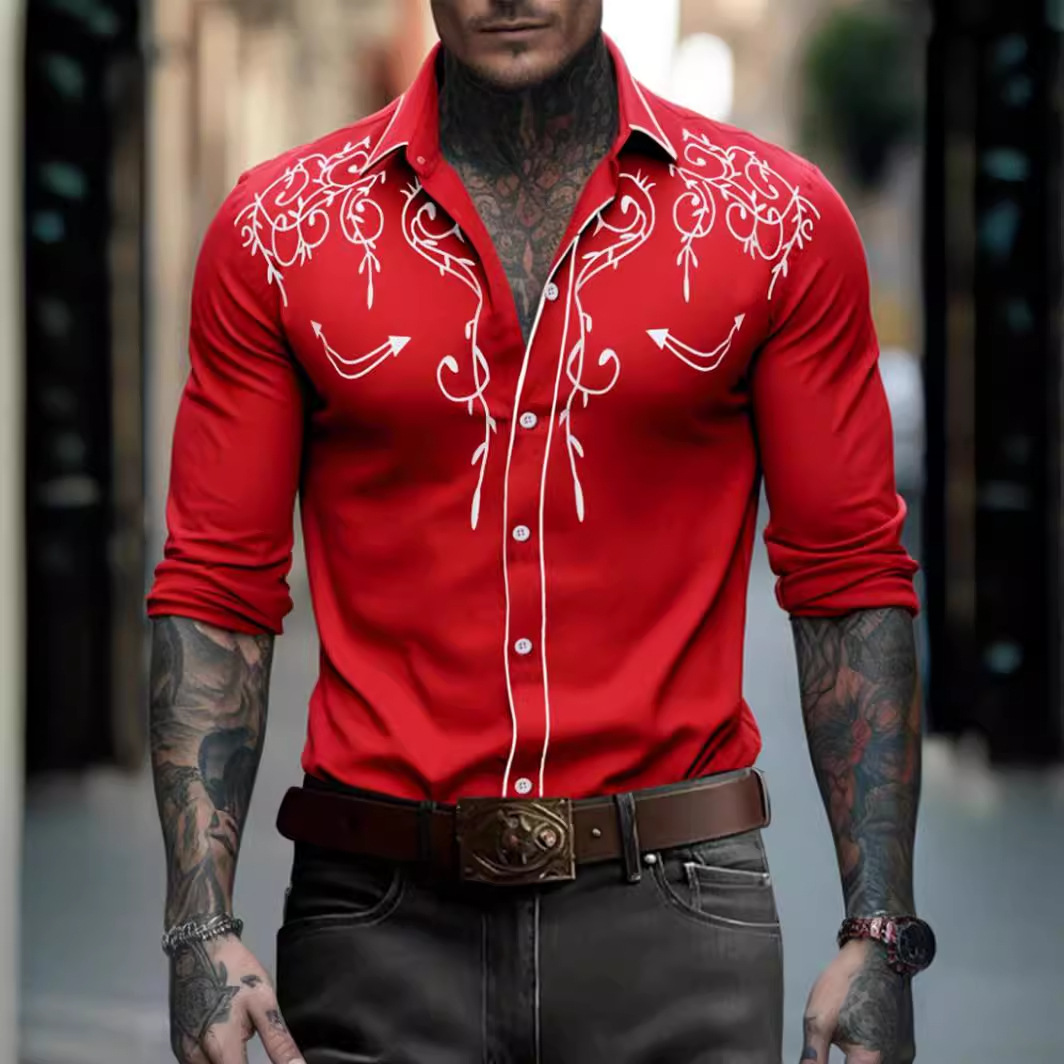 Camisa masculina bordada estilo cowboy – Camisa casual com botões | Mistura de algodão com inspiração vintage_voghion.com