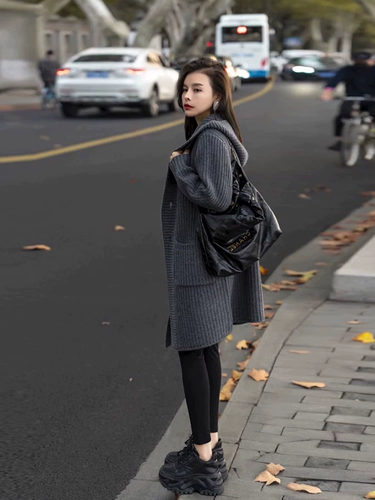 Demi-season woolen long long-sleeve with hood, cardigan, 2023, Korean style, with sleeve, mid-length