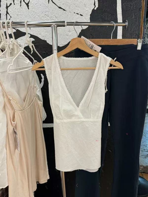 BM风 白色花边V领无袖背心上衣女夏季新款bm百搭收腰系带显瘦短袖|undefined