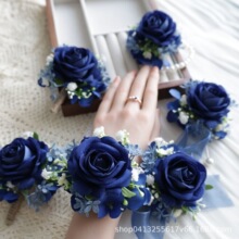H0026亚马逊跨境婚庆庆典仿真绒布玫瑰花胸花手腕花结婚用品深蓝