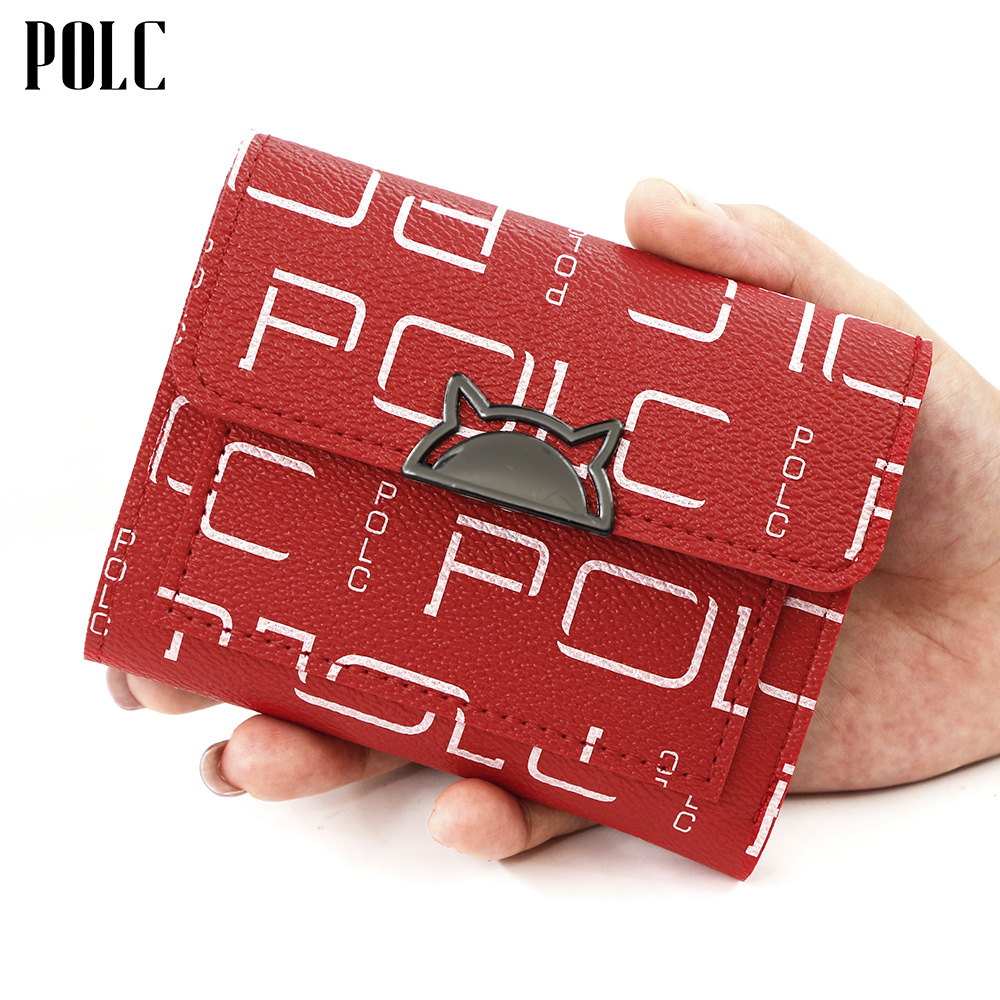 Cartera corta impresa de letras de moda europea y americana, bolso de tarjetas portátil pequeño de tres plegables, bolso de cambio, bolso de mano de mujer