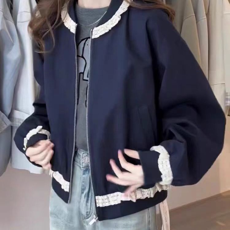 2025年春秋新款韩系蕾丝花边短外套女宽松棒球服外套减龄|undefined