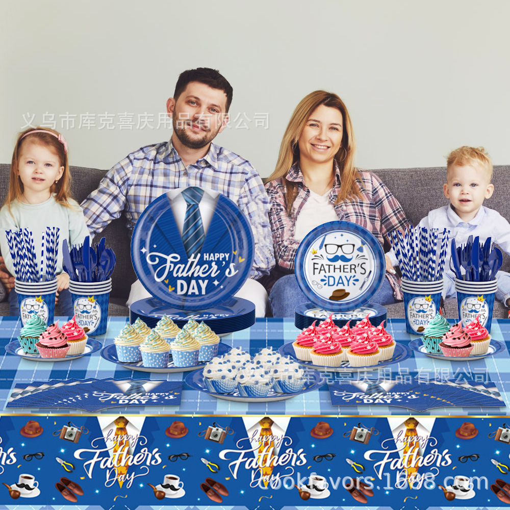 Día del padre transfronterizo a cuadros azules bandeja de papel desechable bandeja de papel toalla de papel vajilla juego de decoración de fiesta del día del padre