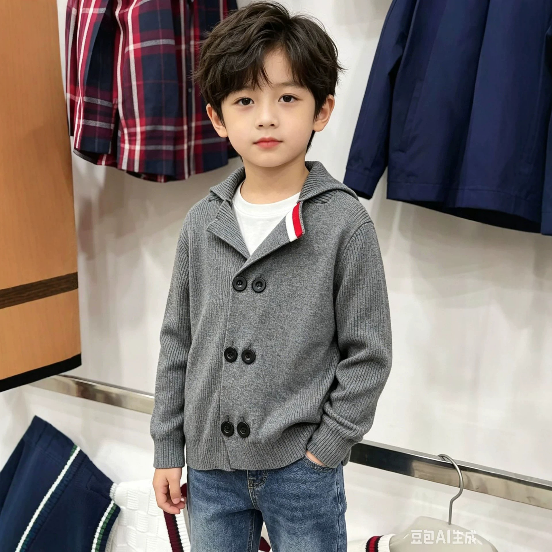 男童双排扣针织开衫外套 儿童学院风灰色毛衣新款童装上衣批发