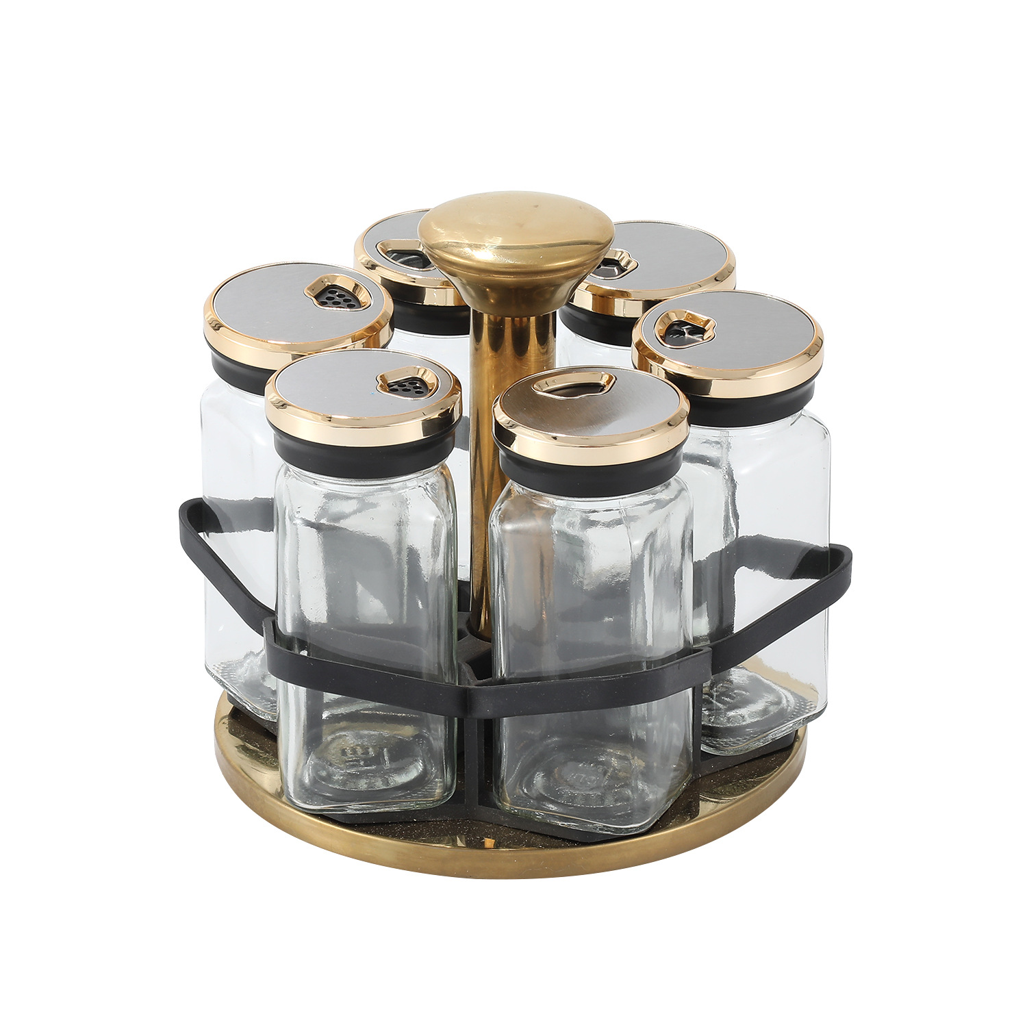 Botella de condimento de cocina al por mayor Tarro de condimento doméstico Caja de condimento Tarro de condimento de vidrio Juego de combinación de estante de almacenamiento giratorio