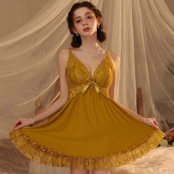 Summer Ice Silk Suspender Breast Pad Pajamas, Feminine V Neck Lace Cool Nightgown, Thin 2025 New Home Clothes