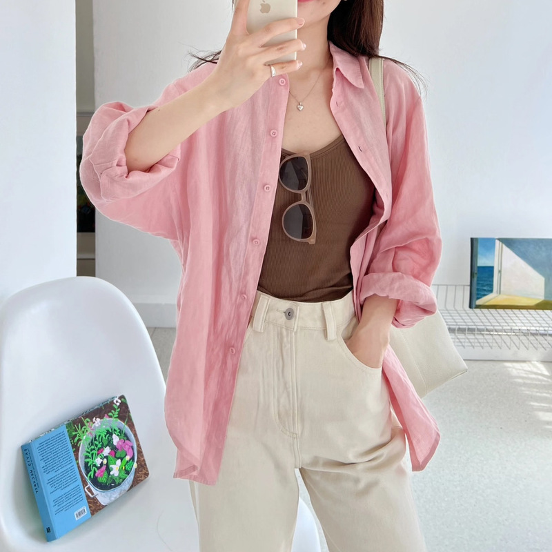 Five Colors Cs Women's 100% Linen Casual Loose Curved Long-Sleeved Shirt Summer 1331069001