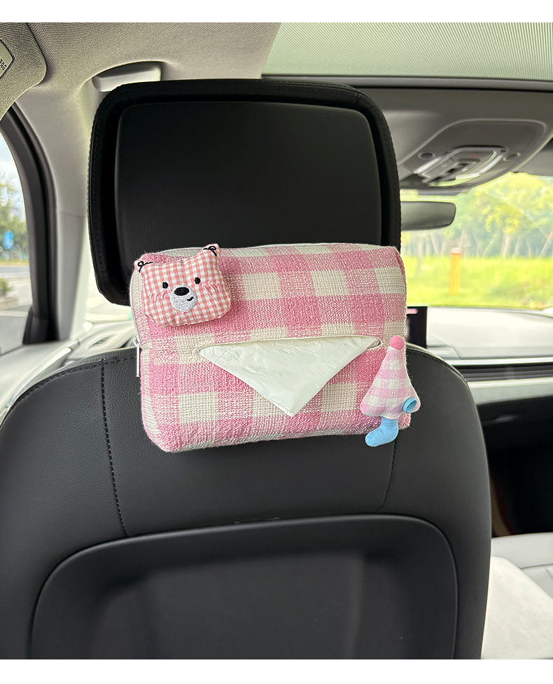 Creative Cartoon Plaid Bear Car Seat Back Hanging Paper Box Car Armrest Box Tissue Box Car Tissue Bag