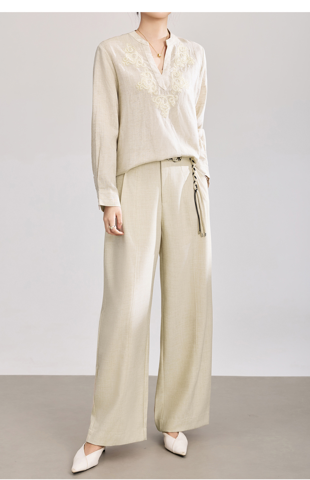 Quần culottes nữ ống rộng cạp cao kèm thắt lưng dệt bản to — màu đen chi tiết 15