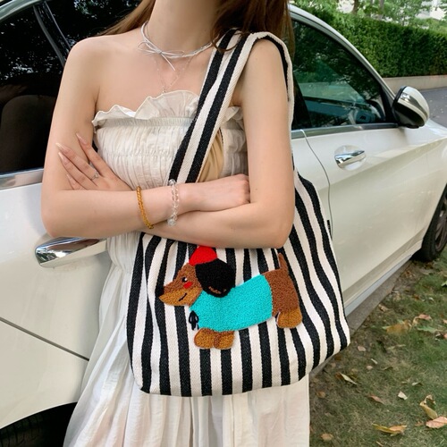 Korean-style artistic handbag, minimalist, fresh and clean striped canvas tote bag, casual and fashionable, large capacity, single-shoulder women's bag