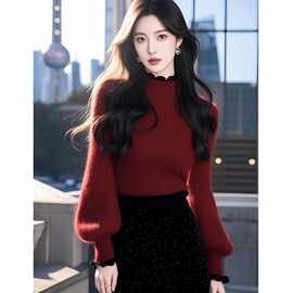 时尚红色灯笼袖上衣女秋冬新款内搭打底半高领针织衫毛衣