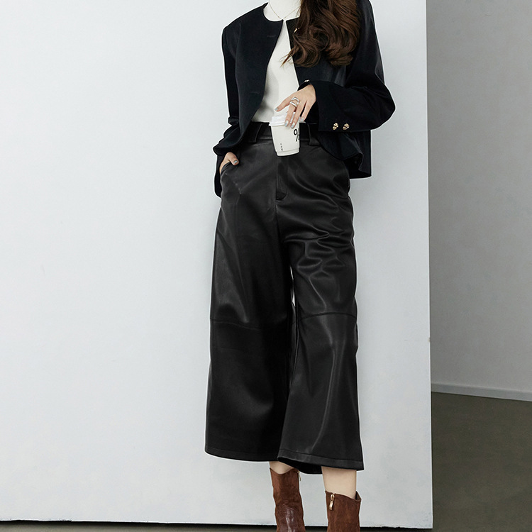 Genuine Leather Pants Hn3653 European Style Lazy Style Sheepskin High-Waisted Loose Wide-Leg Pants Cropped Women's Casual Pants