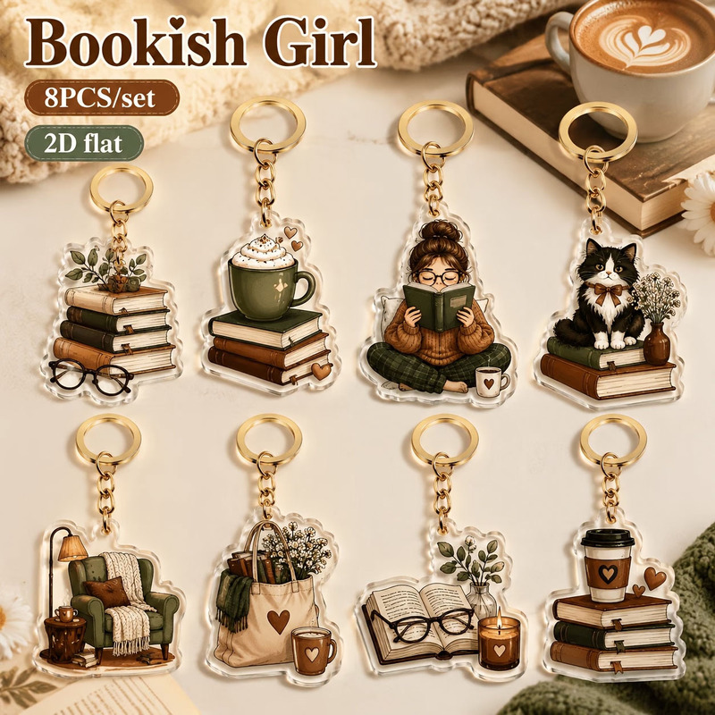 Cross-Border Women's 8-Piece Set of Comfortable Acrylic Keychains with Aesthetic Reading Themes for Book Lovers Cross-Border Women's 8-Piece Set of Comfortable Acrylic Keychains with Aesthetic Reading Themes for Book Lovers